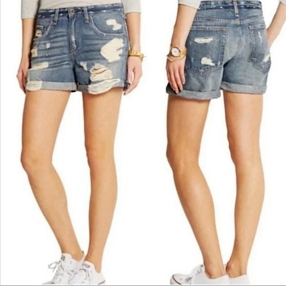 Rag & Bone Boyfriend Denim Cuffed Shorts In Obispo Rebel Highly Distressed 27‎